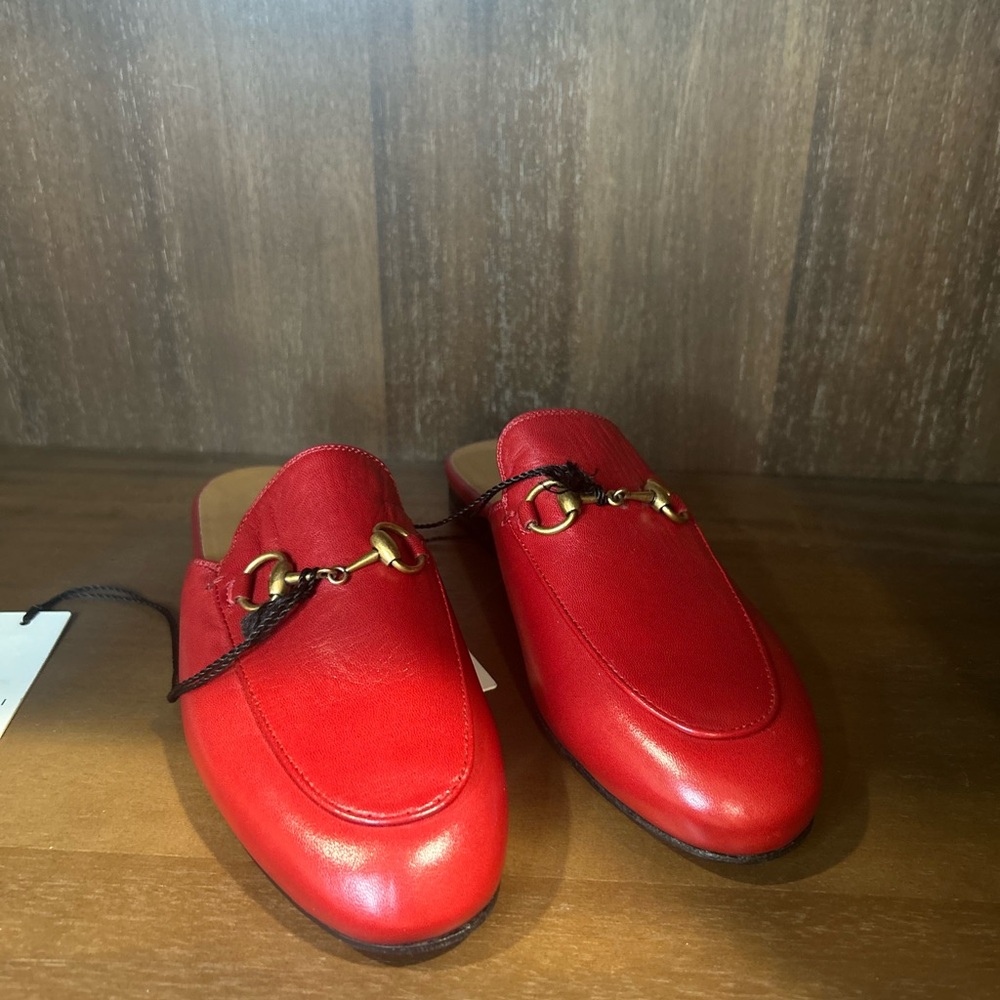 Red Leather Loafers with Gold Accents